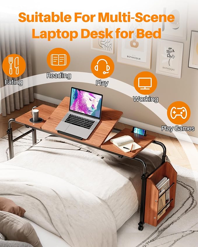 Laptop Desk for Bed,6-Angle Adjustable Overbed Table with Wheels,Adjustable Height and Length Bed Table for Laptop with Side Bookshelf,Standing Desk,Over Bed Desk for Working Hospital Home (Oaken) - Image 7