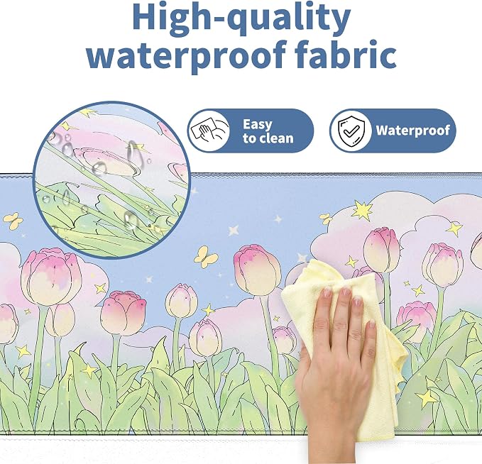 Kawaii Flower Mouse Pad Large Desk Mat Extended Keyboard Mouse Pad Cute XL Mousepad with Non-Slip Base and Stitched Edge Plant MouseMat Desk Pad 31.5 x 11.8 in Mouse Pads for Desk Home Office Gaming - Image 3