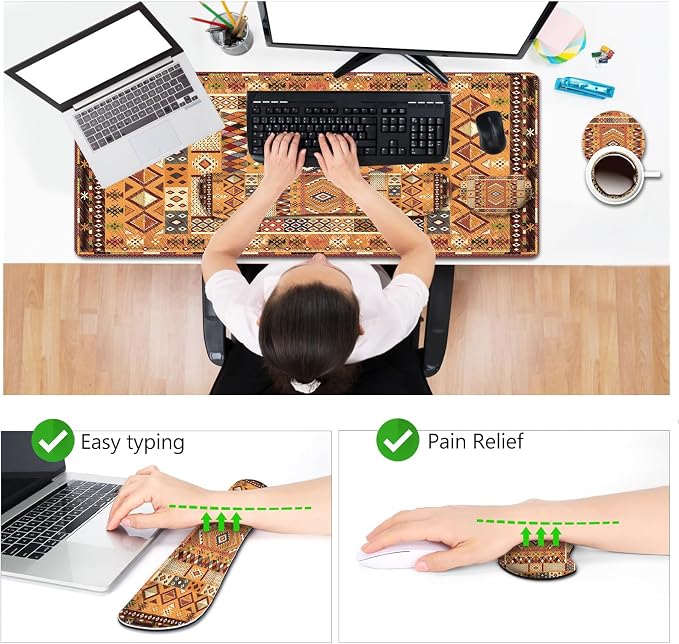 AIMSA Desk Mat Set, Large Mouse Pad + Mouse Wrist Rest + Keyboard Wrist Support + Coaster, Bohemian Style 4in1 Rug Gaming Mouse Pad Combo for Home Office, Orange - Image 4