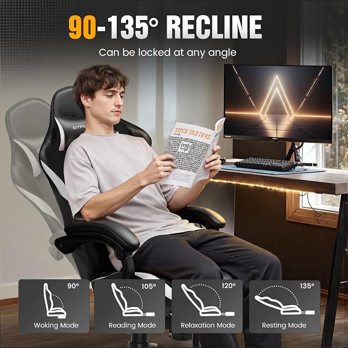 GTPLAYER Gaming Chair with Foot Rest & Pocket Spring Cushion, Ergonomic High Back Computer Chair with Headrest & 360°-Swivel Seat for Home Office Desk, PU Leather, White/Black - Image 6