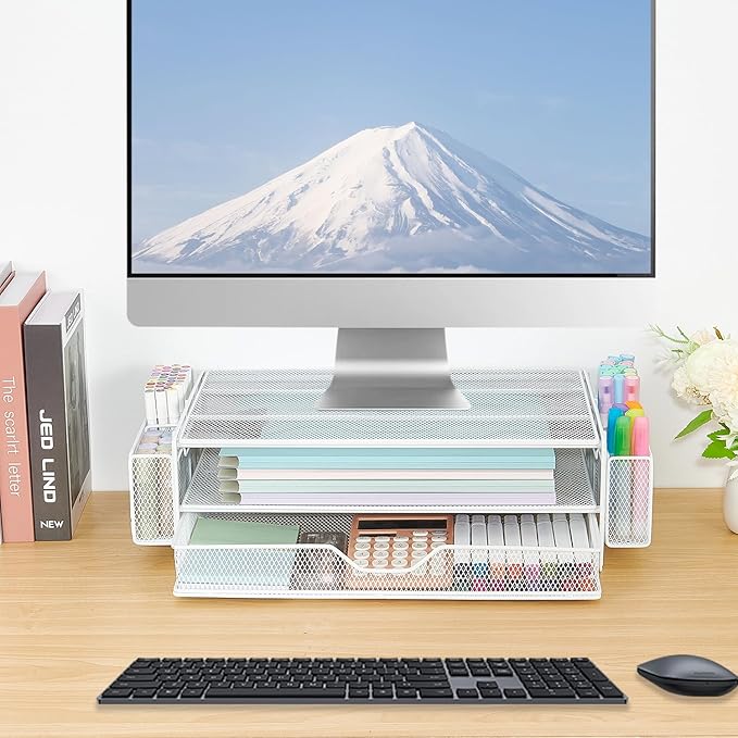 AUPSEN Computer Monitor Stands Riser，2-Tier Desk Organizers and Accessories, Office Desk Accessories Organizer with Drawers and 2 Pen Holder for Office Supplies (White) - Image 5