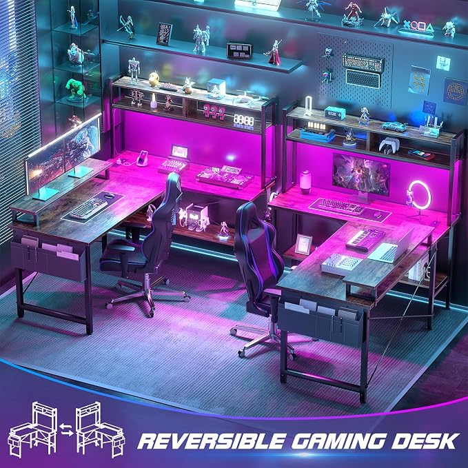 Aheaplus L Shaped Gaming Desk with Power Outlets & LED Lights, Rustic Brown - Image 7