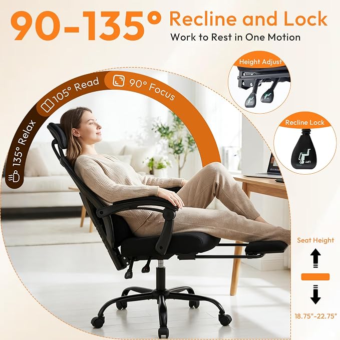 Desk Chair with Foot Rest, High-Back Mesh Office Chair, Classic Black | Reclining Gaming Chair with Headrest and Adjustable Lumbar Support, 90°-130° Reclining, for Home Office and Gaming - Image 4