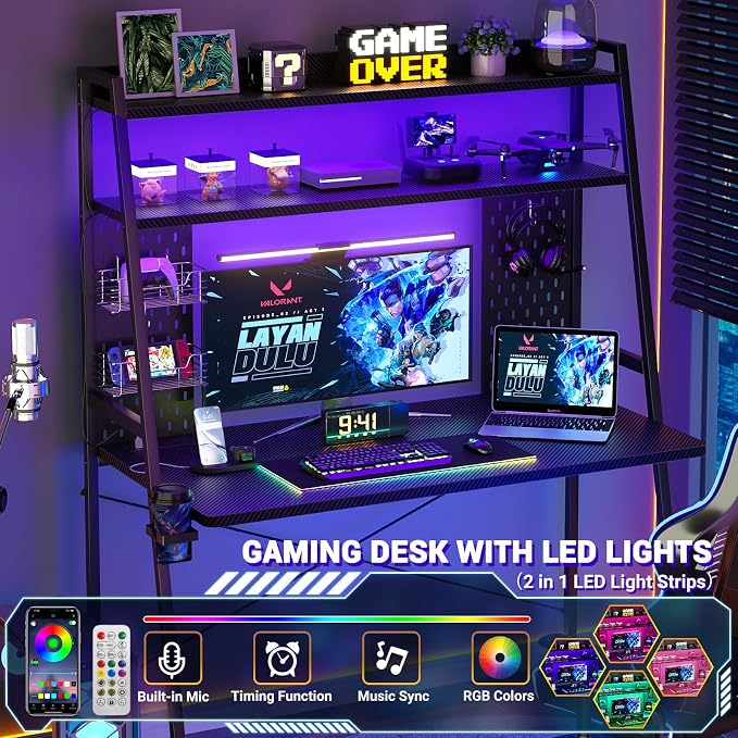 Besiost Small Gaming Desk with Hutch and LED Lights, Gaming Computer Desk with Power Outlets, Gamer Desk with Storage Shelves, Game Desks with Pegboards for Bedroom Small Spaces, Black, 43" - Image 4