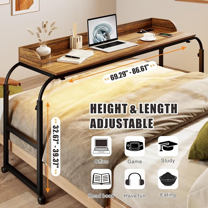 HWB Overbed Desk with Charging Station-Over Bed Table-Adjustable Length/Height with Wheels - Human Sensor LED Light Mobile Queen Size Bed Table Rolling Tray Table for Eating & Laptops, Brown - Image 6