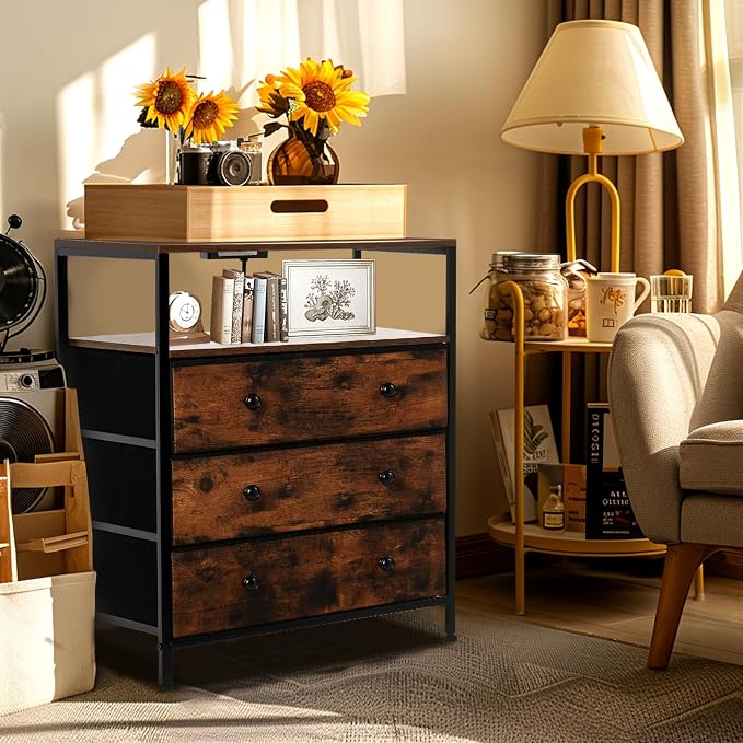 3-Drawer LED Nightstand Set 2 with Charging Station, Rustic Brown - Image 7