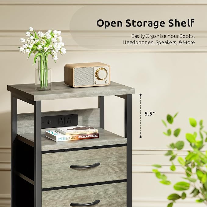 Lazzanto Night Stand with Charger Station, 2 Fabric Drawers, Grey - Image 8