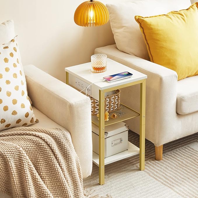 HOOBRO Side Table with Charging Station and USB Port, Small End Table for Small Space, 3-Tier Nightstand with Adjustable Shelf, for Living Room, Bedroom, White and Gold DW112BZ01G1 - Image 7