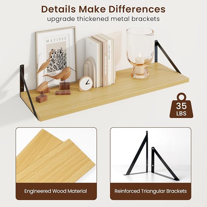 Axeman 30 Inch Floating Shelves, 10 Inch Deep Oak Wall Shelves Set of 2 - Image 5