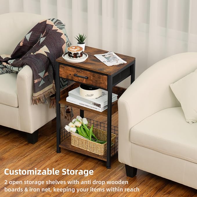 Lerliuo End Table with Fabric Drawer,3 Tier Industrial Wood Side Table with Storage,Modern Tall Printer Stand,Vintage Brown Nightstand,Rustic Bedside Tables for Living Room Bedroom Small Spaces - Image 5