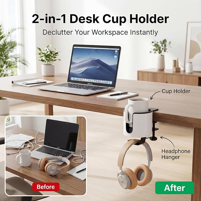 GUNKING Luxury 2-in-1 Anti-Spill Cup Holder with Headphone Hanger (White) - Image 5