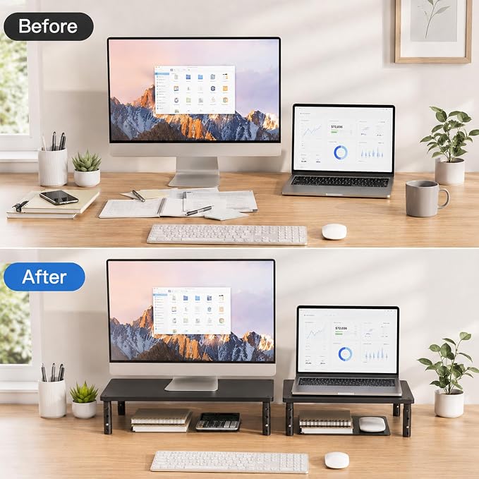 OPNICE Adjustable Monitor Stand Riser for Desk, Wood Computer & Laptop Stand, Desk Organizers and Accessories, Office Desk Accessories & Workspace Organizer for Home Office Supplies, Black - Image 3