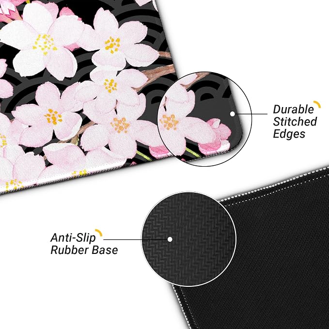 Gaming Mouse Pad with Anti-Slip Rubber Base, Extended Large Computer Mouse Mat with Stitched Edges, Long XL Anime Mousepad for Laptop and Keyboard, 31.5 x 11.8 inch (Black Cherry Blssom) - Image 4
