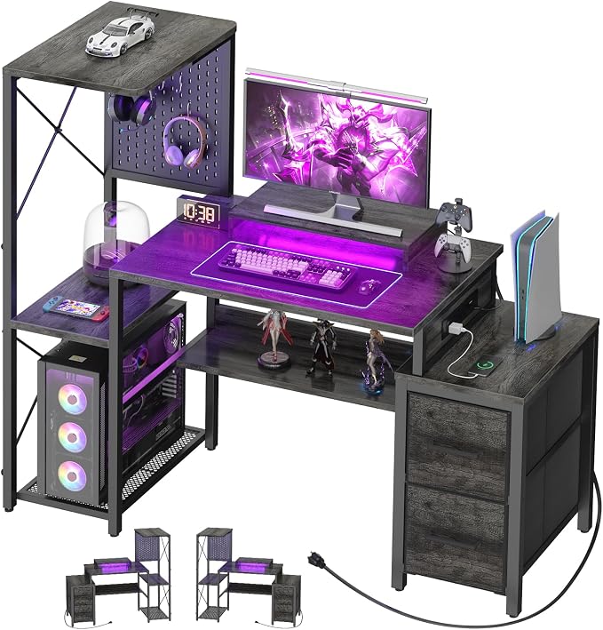 Small Gaming Desk with 2 Fabric Drawers - Reversible Computer Desk with Power Outlet & LED Lights, 49" Office Desk with Monitor Stand & Storage Shelves, Writing Study Table with Pegboard, Grey Oak by Besiost