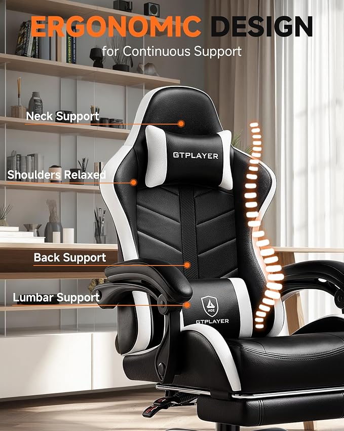 GTPLAYER Gaming Chair, Computer Game Chair for Adults, Pearl White | Ergonomic Comfort Video Game Chair with Footrest 90-155°Recline, Head Lumbar Support & Height Adjustable for Office Gaming - Image 4