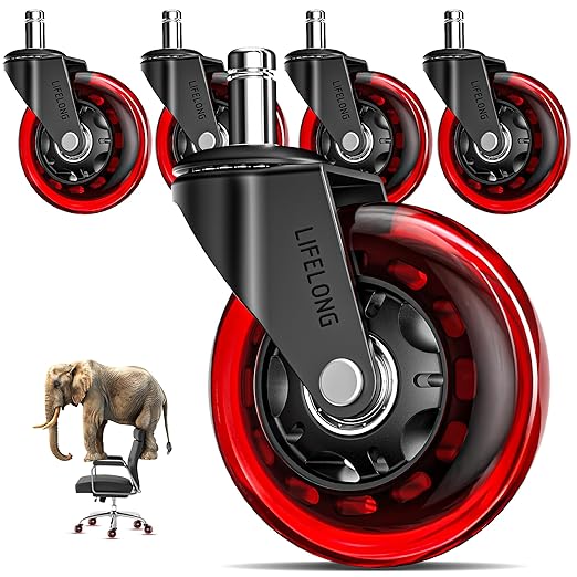 Lifelong Office Chair Wheels Replacement, Heavy Duty, Red, 5-Pack Fits 98% | Original Rubber Caster, Desk Wheels, Smooth & Quiet, Safe for Hardwood Floors & Carpet, Replace Office Chair Mats by LIFELONG