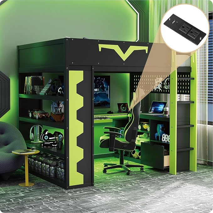 Merax Full Size Gaming Loft Bed with Desk and RGB LED Lights, Pro-Gamer Bed with Power Outlet, Large Bookshelf, Pegboard, Keyboard Tray & Drawer, Green - Image 4
