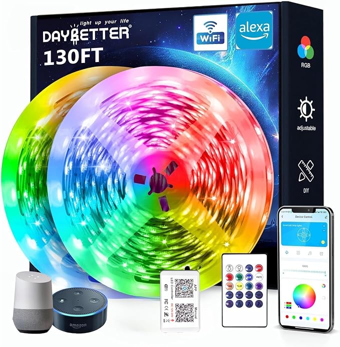 DAYBETTER 130ft Smart WiFi Led Lights, Led Strip Lights Work with Alexa and Google Assistant, App Voice Remote Control Music Sync Color Changing RGB Strip Lighting for Bedroom Room Decor, 65.6ft *2 by DAYBETTER