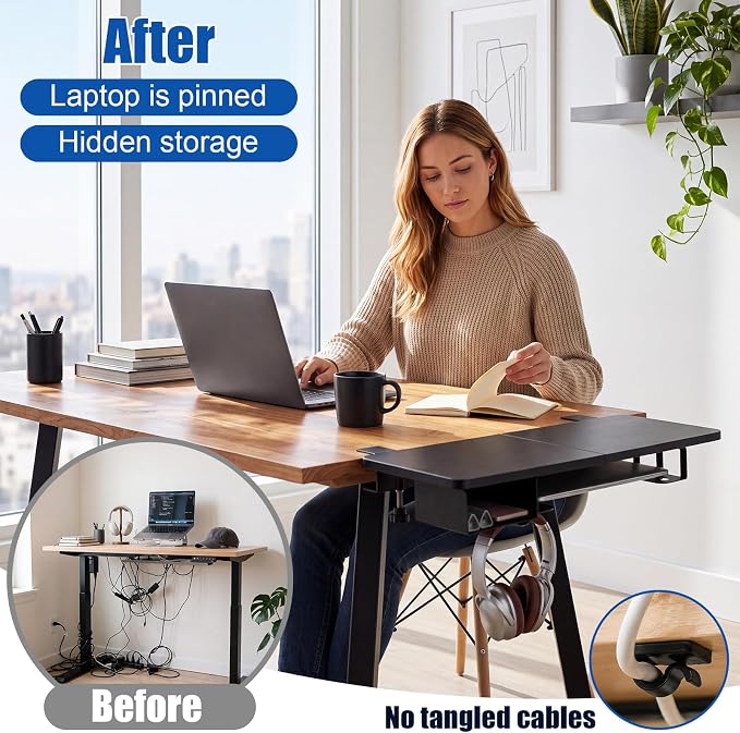 Novabright 24" x 12" Desk Extender Tray with Side Storage Rack Heavy Duty Desk Extender Under Desks Laptop Mount Keyboard Extenders for Desks with a Concealed Storage Area for Cable & Earphone (Black) - Image 3