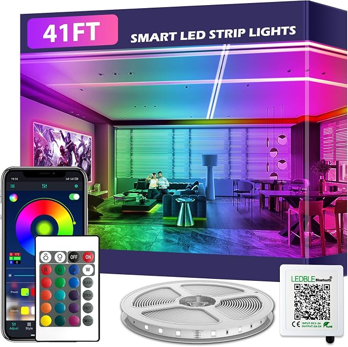 41FT Led Strip Lights,Long Smart Led Light Strips Music Sync 5050 RGB Color Changing Rope Lights,Bluetooth APP/IR Remote/Switch Box Control Led Lights for Bedroom,Home Decoration,Party,Festival by LETIANPAI