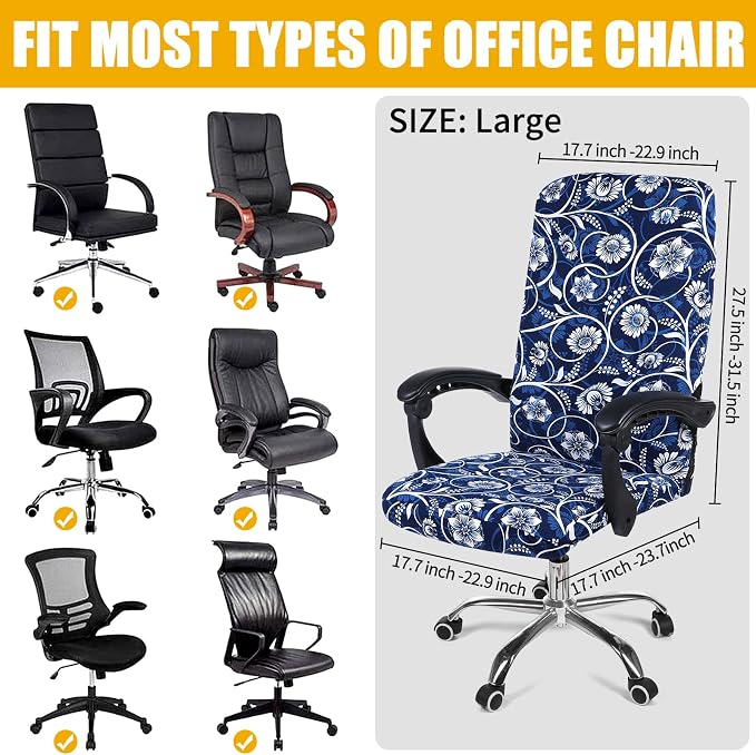 Smiry Stretch Printed Office Computer Desk Chair Covers, Navy Blue | Universal Desk Rotating Chair Slipcovers Removable Washable, Soft Fit Anti-Dust Spandex Protector Cover with Zipper - Image 5