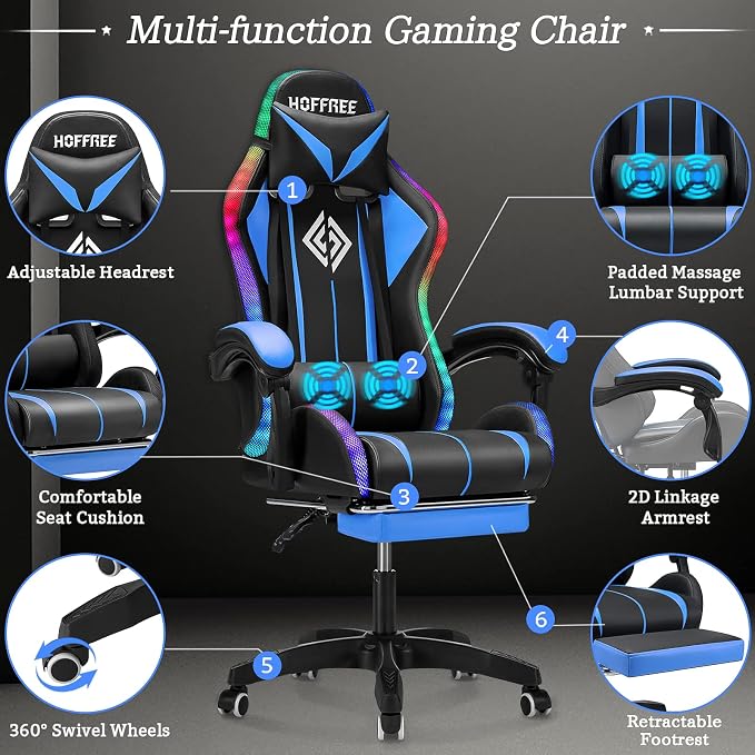 RGB Gaming Chair with LED Lights Massage Ergonomic Computer Chairs-Blue | High Back Video Game Chair with Footrest & Adjustable Lumbar Support Gamer Chairs for Adults Racing Style Recline - Image 6