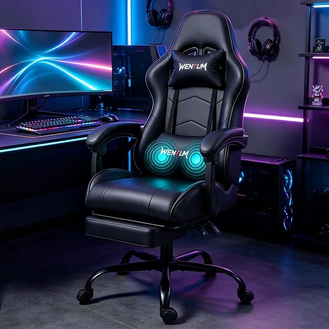Gaming Chair with Footrest for Adults, PU Leather Massage Racing Video Game Chair with Lumbar Support for Men Women, Ergonomic Computer Chair for Home Office, Height Adjustable, Black - Image 2