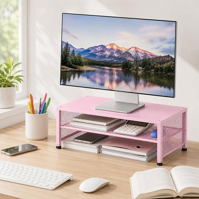 OPNICE 2-Tier Computer Monitor Stand Riser, Laptop Stand for Desk, Desk Organizer for Office, Home and School Supplies, Pink - Image 4