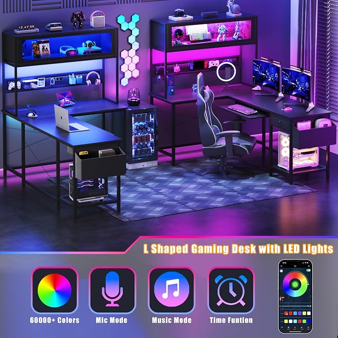 L Shaped Gaming Desk with Power Outlets & LED Lights, 39'' Small Reversible Computer Desk with Hutch & Pegboard & Display Cabinet, Corner Home Office Desk with Keyboard Tray & Storage Bag, Black - Image 4