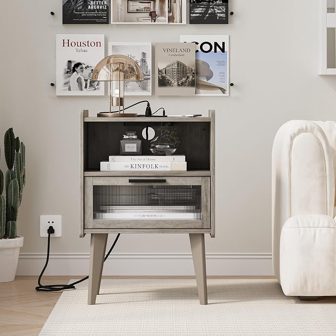 MMEOLUOOK Nightstand with Charging Station, Bedside Tables Oak Grey End Table Side Table with 2 Tiers Storage Space, for Bedroom Living Room MLBZ07GE - Image 6