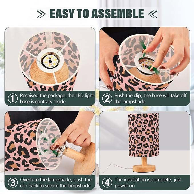 Bedside Table Lamp Pink Leopard Nightstand Lamp with Wood Animal Cheetah Print Desk Lamps for Bedroom Living Room Nursery Office Home Decor - Image 7