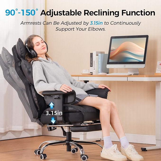 COMHOMA Big and Tall Office Chair Heavy Duty Wide Ergonomic Gaming Chair with Deluxe Embossing Leather with Foot Rest 150°Reclining Adjustable Armrests Pocket Spring Back Support and Without Pillow - Image 7