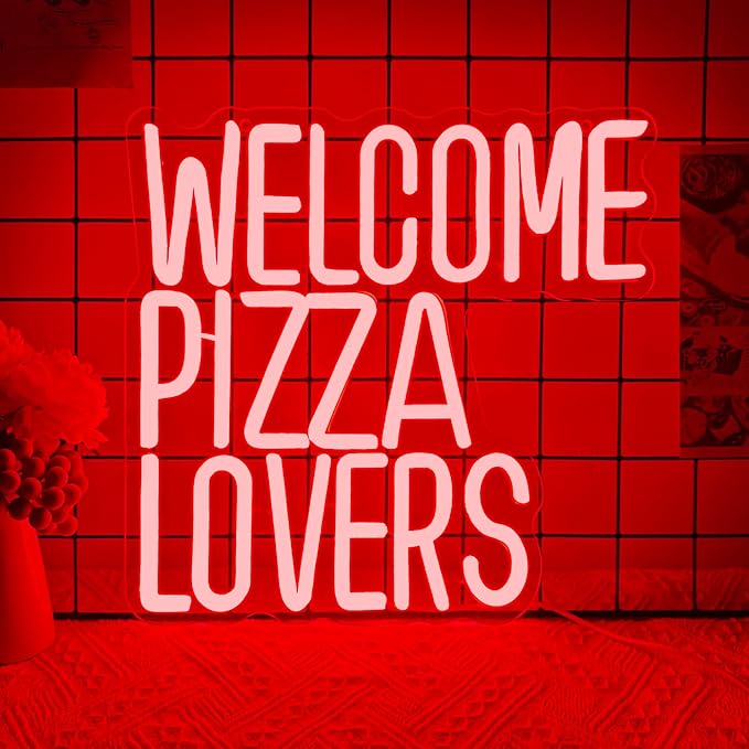 Welcome Pizza Lovers Neon Light, Red Dimmable LED Personalized Pizza Lovers Neon Sign, Family Restaurant Entertainment Room Food Theme Party Wall Neon Sign Decor Holiday Gift For Pizza Lovers, Children, Family (12.9*12.5in) by Manimo