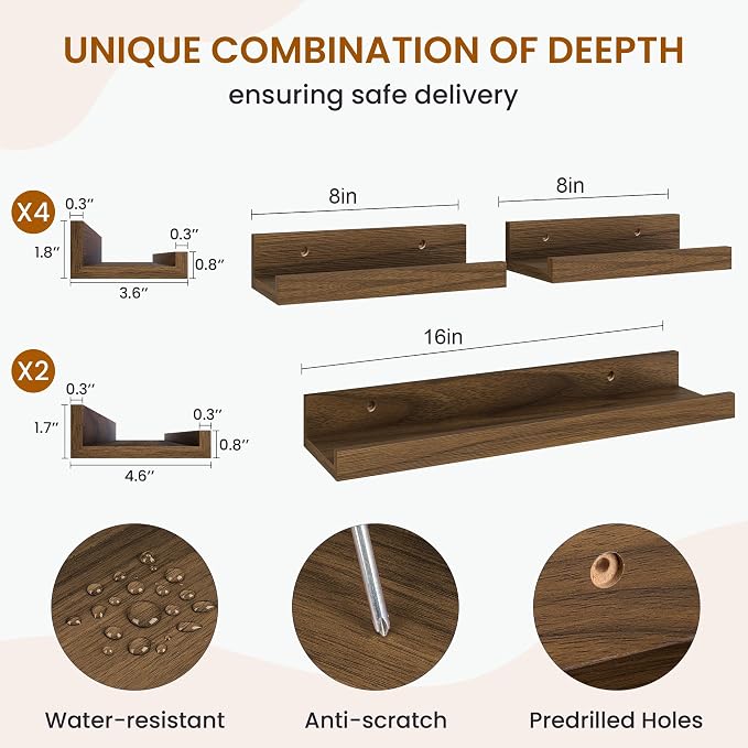 Picture Ledge Shelf, Floating Shelves for Wall Decor, Walnut, 6Pcs, 16'' - Image 3
