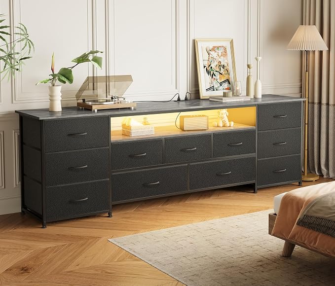 Huuger 70 Inch TV Stand for 75, 80 Inch TV, 11 Drawer Long Dresser with Power Outlets and LED Lights, Entertainment Center with Storage, Grey Dresser with PU Leather Surface - Image 9