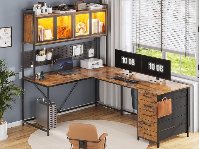 SEDETA L Shaped Gaming Corner Desk with Drawers, Hutch and Storage Shelves | Reversible L Shaped Computer Desk, Gaming Desk with Pegboard, Led Lights, and Power Outlet, Home Office Desk, Rustic Brown - Image 9
