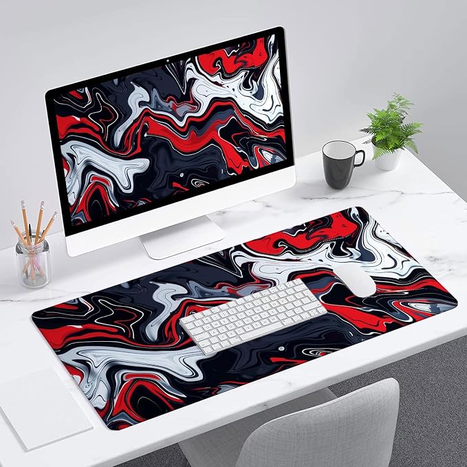 Red Marble Fluid Gaming Mouse Pad Desk Pad Abstract Black White Mousepad XL Large Gaming Mouse Pad Laptop Keyboard Mat Desk Pad Office Home Decor for Women Girl 35.4"x15.7" - Image 2
