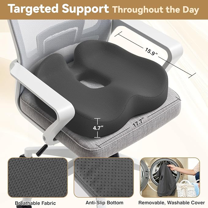 TushGuard 6-Zone Ergonomic Seat Cushion with Coccyx Cutout, Grey | Office Chair Cushions for Tailbone Pain, Non-Slip Bottom, Breathable Washable Mesh, Versatile Use for Car, Office, Wheelchair - Image 3
