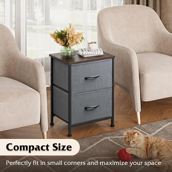 WLIVE Night Stand Set 2, Dresser and Nightstand Sets, Small Dresser for Bedroom with 2 Drawers, End Table with Fabric Bins for Closet, Bedside Furniture, College Dorm, Dark Grey - Image 7