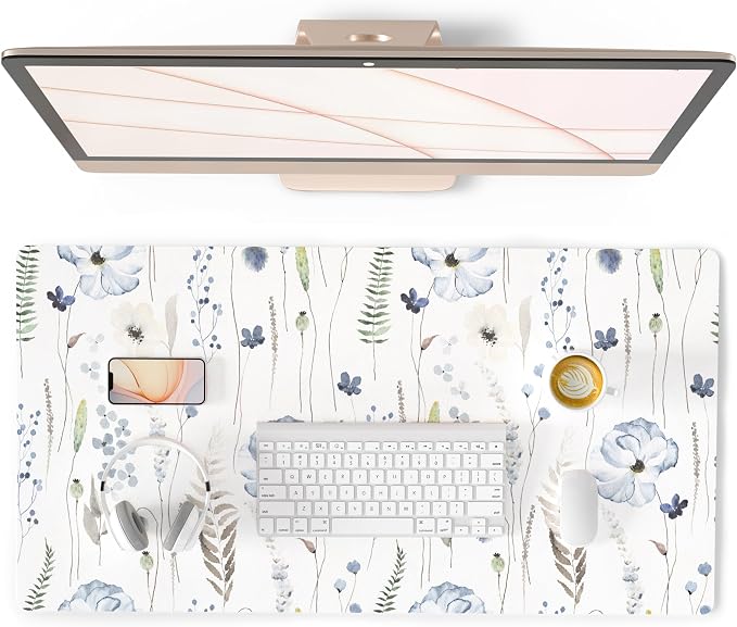 QiyI PU Leather Large Mouse Pad, Office Decor, 31.5" x 15.7", Blue Flowers | Desk Décor Accessories, Extended Size, Waterproof & Easy to Clean, Smooth Surface, Non Slip Desk Organization by QIYI