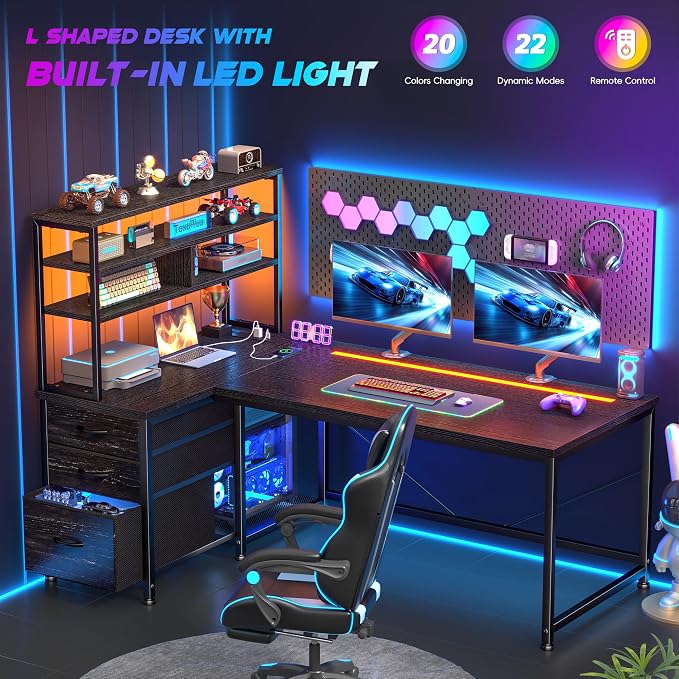 DurayLoly 55" L Shaped Gaming Desk with 3 Fabric Drawers & Shelves - Image 4