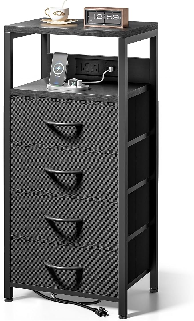 Lazzanto Night Stand with Charger Station, 4 Fabric Drawers, Black by Lazzanto