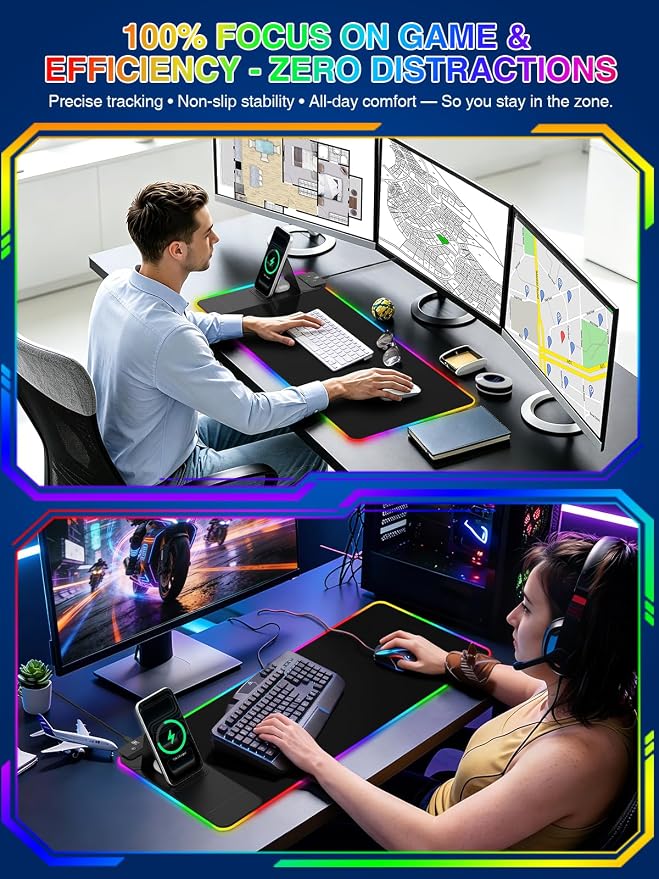 RGB Mouse Pad with Foldable Phone Stand & Wireless Charger, 31.5"x11.8" XL Gaming Mousepad Large Desk Mat, Desk Pad with Dual Charging for Phone & AirPods | 11 Colors & 5 Modes | Waterproof - Image 9