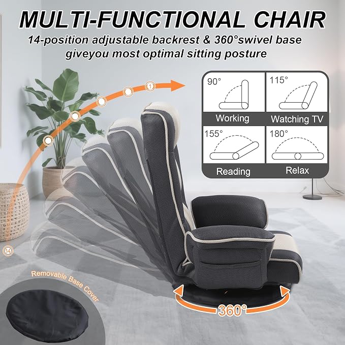 Swivel Floor Chair for Adults, 14-Position Adjustable Floor Gaming Chair with Back Support & Armrests, Foldable Lazy Sofa Lounge, Breathable Mesh for Gaming Reading Meditation (Grey/Beige) - Image 4