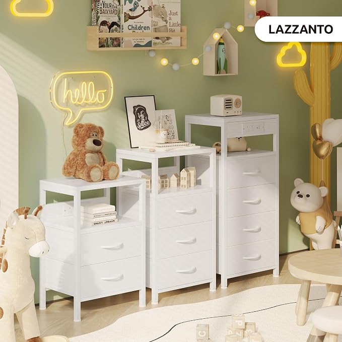 Lazzanto Night Stand with Charger Station, 3 Fabric Drawers, White - Image 8