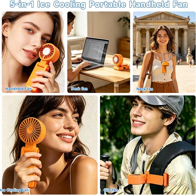 Handheld Portable Turbo Fan with Ice Cooling,5 Speed Rechargeable LED Display Foldable Hand Held Personal Clip/Neck/Waist Fan,180°& 360° Adjustable,Pocket Mini Fan for Outdoor/Home/Office (Orange) - Image 5