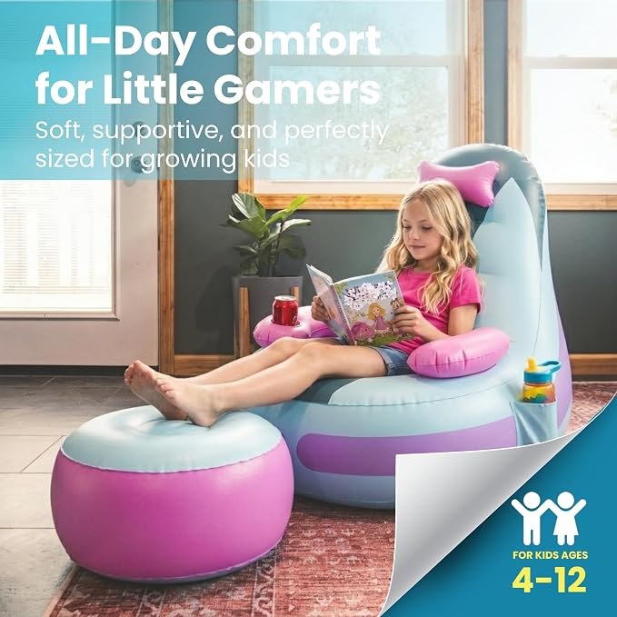Inflatable Gaming Chair for Kids – Supports Up to 300 lbs, Includes Air Pump, Cup Holder, 2 Pockets – Durable Bean Bag Seat, Comfy Kids Gaming Chair & Top Gamer Chairs for Kid Room - Image 6