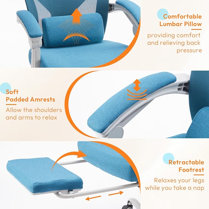Ergonomic Desk Chair, High Back Office Chair with Wheels, Elegant Blue | Computer Chair with Footrest, Swivel Reclining Gaming Chair with Headrest, Comfy Armrest for Home, Office, Work, Study - Image 4