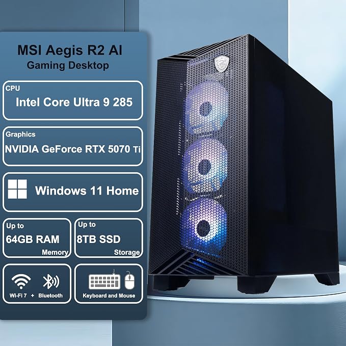 MSI Aegis R2 AI 2nd Gaming Desktop | Intel 24-core Ultra 9 285 | 32GB DDR5 8TB SSD | GeForce RTX 5070 Ti 16GB (Up to 1406 TOPS) 5Gb LAN WiFi7 RGB CPU Air Fan Cooler 80+ Gold PSU Win11 w/DLCA Accessory - Image 3