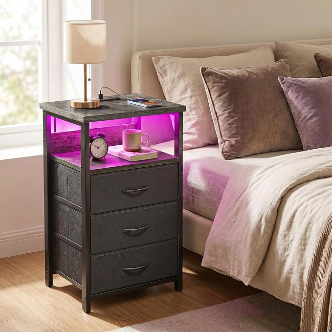Fixwal Night Stand with 3 Fabric Drawers, Nightstand with Charging Station - Image 2
